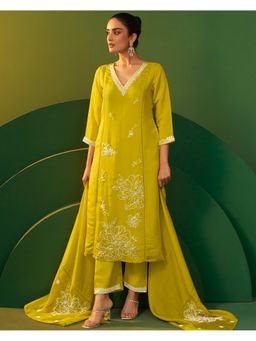 Label Madhuri Thakkar - Green Sunheri Saanj Bloom Handwork Kurta and Pant with Dupatta