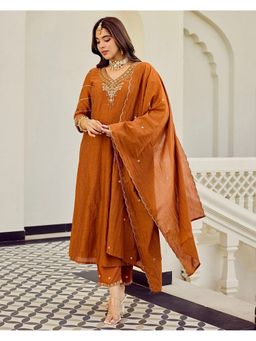 Label Madhuri Thakkar - Brown Terracotta Noor Mul Chanderi A Line Kurta and Pant with Dupatta