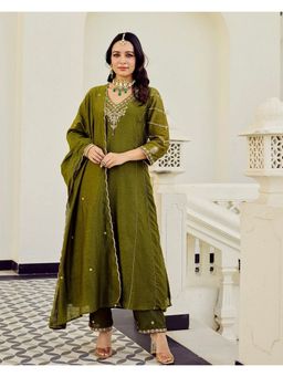 Label Madhuri Thakkar - Green Mehr-E-Mehendi Mul Chanderi A Line Kurta and Pant with Dupatta