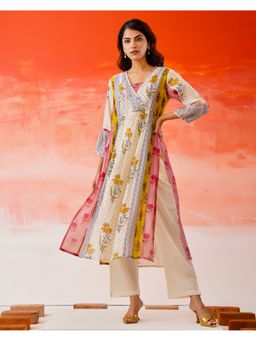 Label Madhuri Thakkar - White Soft Garden Pastel Hues Mul Chanderi A Line Kurta and Pant