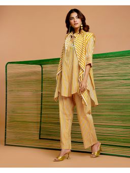 Label Madhuri Thakkar - Yellow Caramel Breeze Striped Collar Embroidered Cotton Co-Ord Set