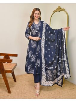 Label Madhuri Thakkar - Blue Jasmine A Line Premium Cotton Kurta and Pant with Dupatta