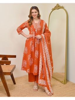 Label Madhuri Thakkar - Orange Jasmine A Line Premium Cotton Kurta and Pant with Dupatta