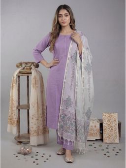 Yufta - Lavender Silk Blend Straight Kurta and Pant with Kota Doriya Dupatta