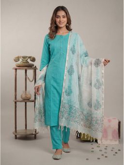 Yufta - Sky Blue Silk Blend Straight Kurta and Pant with Kota Doriya Dupatta