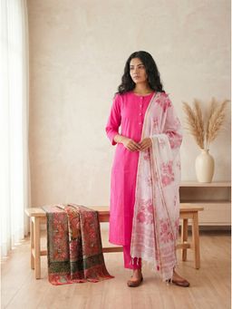 Yufta - Pink Silk Blend Straight Kurta and Pant with Hand Block Print Kota Doriya Dupatta