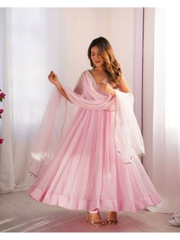 Wedani - Pastel Pink Embroidered Flared Anarkali and Pant with Sheer Dupatta