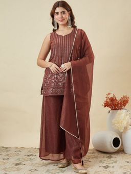 Wedani - Brown Embroidered Sleeveless Kurta with Palazzo and Dupatta