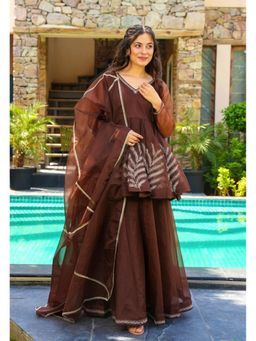 Wedani - Brown Embroidered Peplum Kurta with Sharara and Dupatta