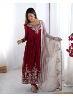 Wedani - Maroon Embroidered Anarkali Kurta and Pant with Dupatta