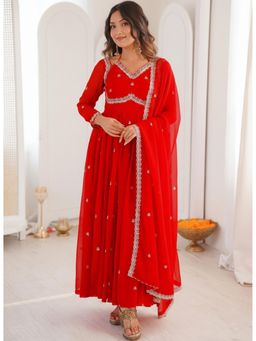 Wedani - Red Embroidered Georgette Anarkali Kurta and Pant with Dupatta