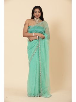 Vervee Couture - Women Turquoise Net Aura Designer Wear Saree with Unstitched Blouse