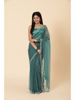 Vervee Couture - Women Green Net Aura Designer Wear Saree with Unstitched Blouse