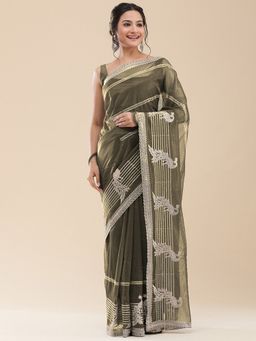 Vervee Couture - Women Olive Net Barhin Designer Wear Saree with Unstitched Blouse