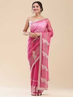 Vervee Couture - Women Pink Net Barhin Designer Wear Saree with Unstitched Blouse
