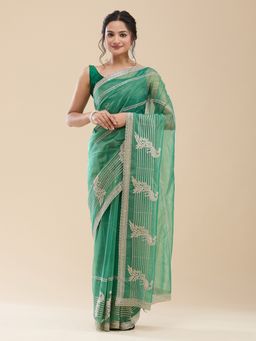 Vervee Couture - Women Green Net Barhin Designer Wear Saree with Unstitched Blouse