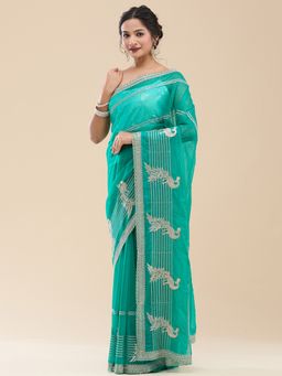Vervee Couture - Women Blue Net Barhin Designer Wear Saree with Unstitched Blouse