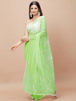Vervee Couture - Women Green Net Calico Designer Wear Saree with Unstitched Blouse