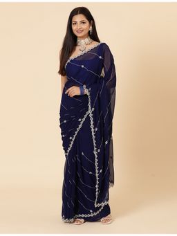 Vervee Couture - Women Navy Blue Georgette Evara Designer Wear Saree with Unstitched Blouse