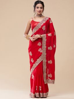 Vervee Couture - Women Red Silk Blend Gulmar Designer Wear Saree with Unstitched Blouse