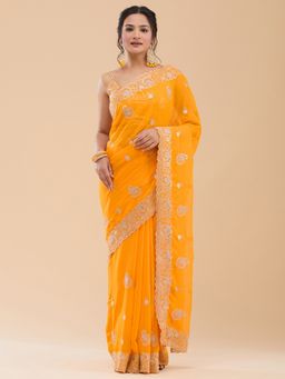 Vervee Couture - Women Orange Georgette Gulnar Designer Wear Saree with Unstitched Blouse