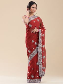 Vervee Couture - Women Maroon Georgette Gulnar Designer Wear Saree with Unstitched Blouse