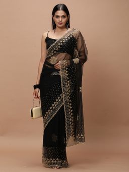 Vervee Couture - Women Black Net Ikra Designer Wear Saree with Unstitched Blouse