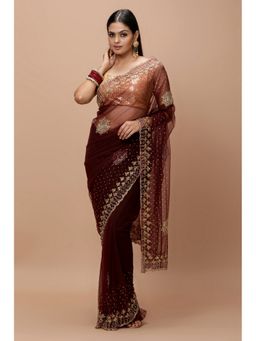 Vervee Couture - Women Wine Net Ikra Designer Wear Saree with Unstitched Blouse