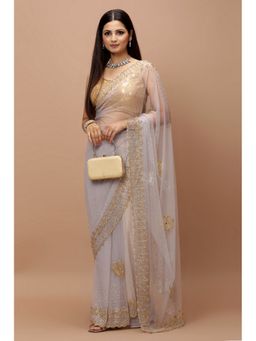 Vervee Couture - Women Grey Net Ikra Designer Wear Saree with Unstitched Blouse
