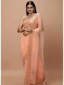 Vervee Couture - Women Peach Net Ikra Designer Wear Saree with Unstitched Blouse