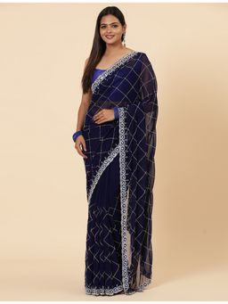 Vervee Couture - Women Navy Blue Georgette Inara Designer Wear Saree with Unstitched Blouse