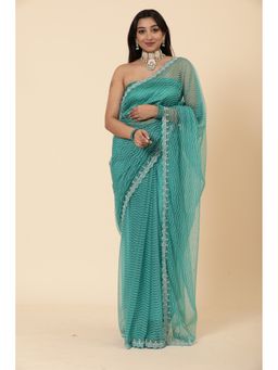 Vervee Couture - Women Turquoise Net Inna Designer Wear Saree with Unstitched Blouse