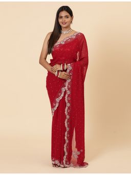 Vervee Couture - Women Red Georgette Inara Designer Wear Saree with Unstitched Blouse