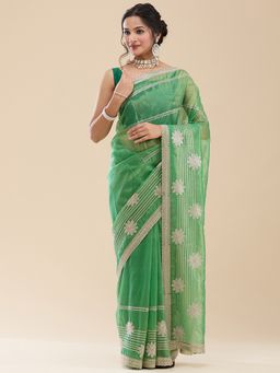 Vervee Couture - Women Green Net Kusum Designer Wear Saree with Unstitched Blouse