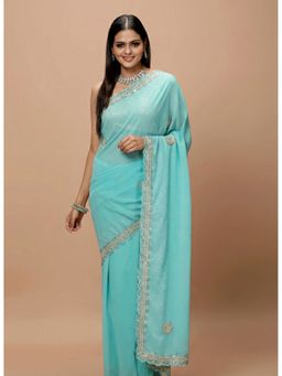 Vervee Couture - Women Aqua Georgette Mor Designer Wear Saree with Unstitched Blouse