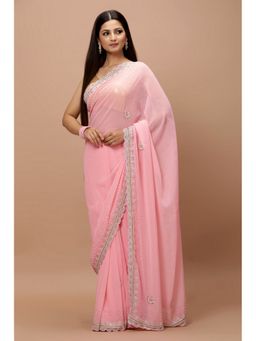 Vervee Couture - Women Pink Georgette Mor Designer Wear Saree with Unstitched Blouse