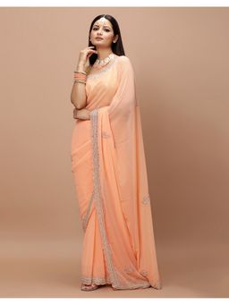 Vervee Couture - Women Peach Georgette Mor Designer Wear Saree with Unstitched Blouse