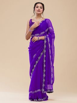 Vervee Couture - Women Purple Poly Georgette Natasha Designer Wear Saree with Unstitched Blouse