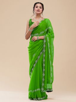 Vervee Couture - Women Green Poly Georgette Natasha Designer Wear Saree with Unstitched Blouse