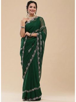 Vervee Couture - Women Green Poly Georgette Natasha Designer Wear Saree with Unstitched Blouse