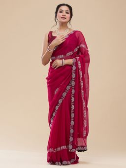 Vervee Couture - Women Pink Poly Georgette Natasha Designer Wear Saree with Unstitched Blouse