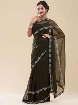 Vervee Couture - Women Olive Poly Georgette Natasha Designer Wear Saree with Unstitched Blouse