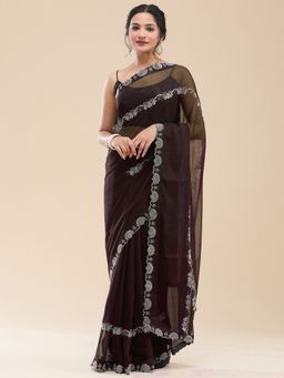 Vervee Couture - Women Brown Poly Georgette Natasha Designer Wear Saree with Unstitched Blouse
