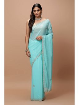 Vervee Couture - Women Aqua Georgette Naz Designer Wear Saree with Unstitched Blouse