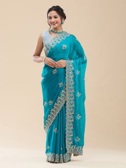 Vervee Couture - Women Blue Silk Blend Peahen Designer Wear Saree with Unstitched Blouse