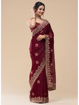 Vervee Couture - Women Wine Silk Blend Peahen Designer Wear Saree with Unstitched Blouse