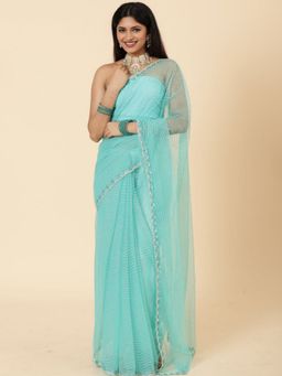 Vervee Couture - Women Turquoise Net Roza Designer Wear Saree with Unstitched Blouse