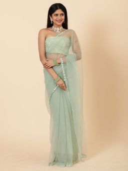 Vervee Couture - Women Green Net Roza Designer Wear Saree with Unstitched Blouse