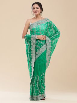 Vervee Couture - Women Green Net Ruhani Designer Wear Saree with Unstitched Blouse