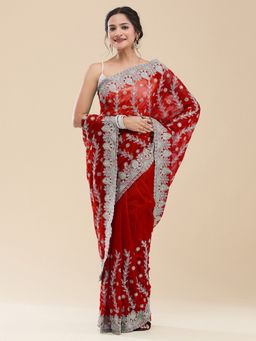 Vervee Couture - Women Red Net Ruhani Designer Wear Saree with Unstitched Blouse